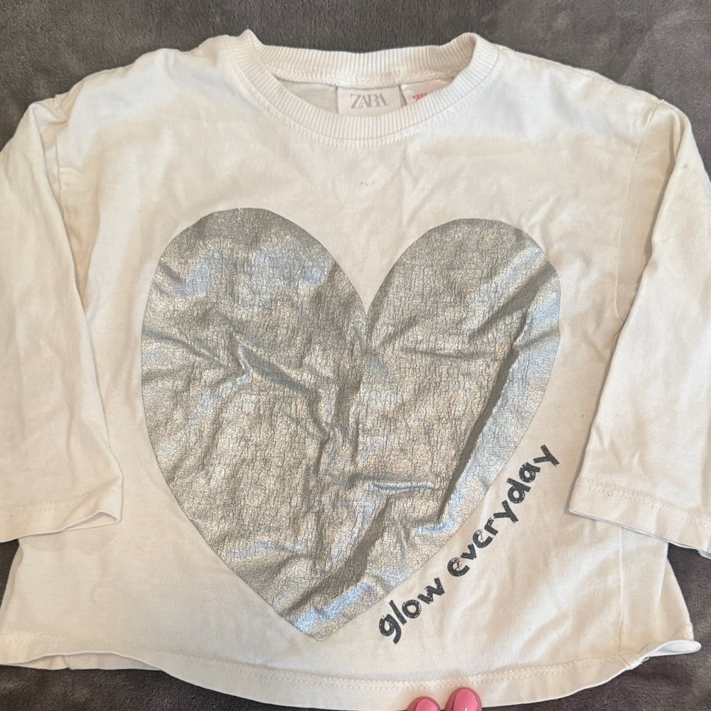 Zara Kids Cream Long Sleeve Tee with Silver Heart